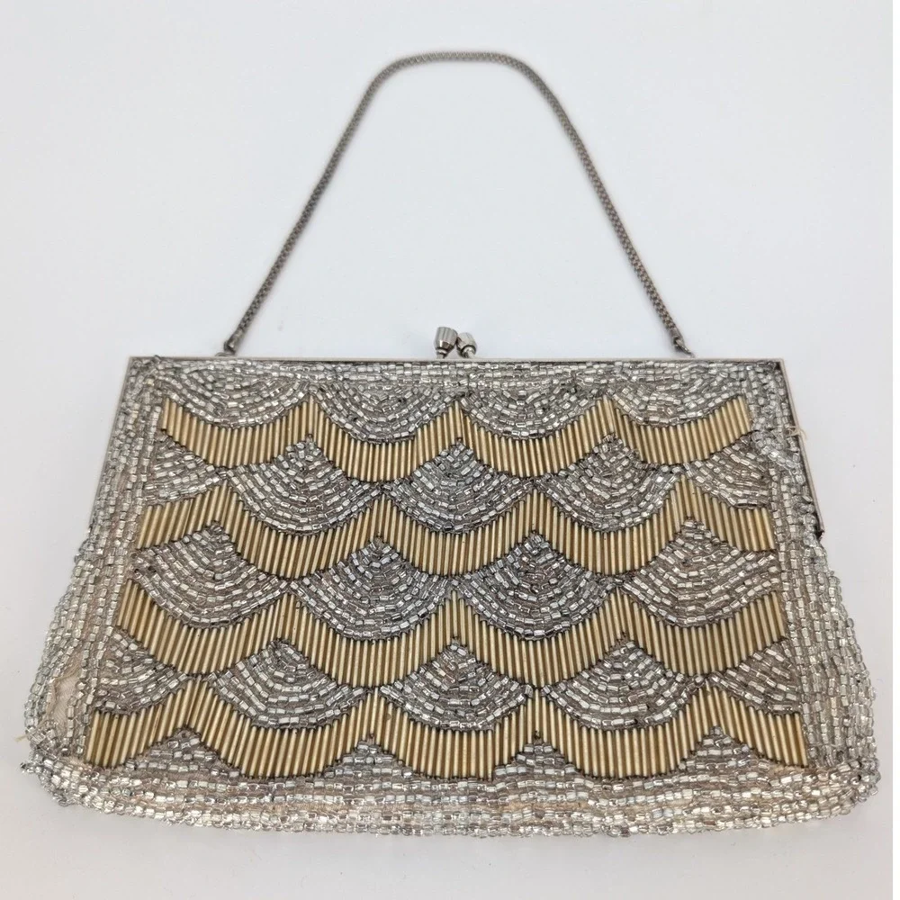 VTG Beaded Evening Bag Small Gold Silver Art Deco Kiss Lock Clutch Formal Glam